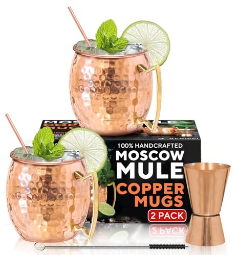 Benicci Moscow Mule Copper Mugs - Set of 2, 100% HANDCRAFTED - Food Safe Pure Copper Solid Mugs - 16 oz Gift Set with Premium Quality Cocktail Straws, Straw Cleaning Brush and Jigger!