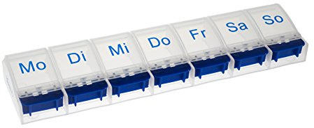 Vanlo Pillendose mit 7 Fächern für eine Woche in weiß/blau mit Öffner, Pillenbox, Tablettendose, Medikamentendose