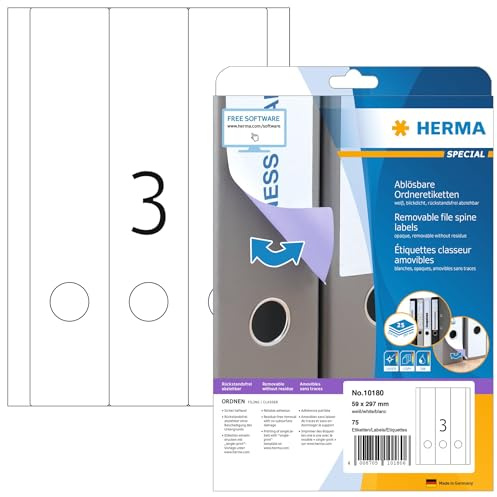 HERMA 10180 Ordnerrücken Etiketten ablösbar lang breit, 25 Blatt, 59 x 297 mm, 3 pro A4 Bogen, 75 Stück, selbstklebend, bedruckbar, blickdicht, Papier Ordneretiketten Rückenschilder Aufkleber, weiß