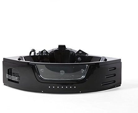 Whirlpool Badewanne Mallorca – Eckbadewanne mit 12 Massage-Düsen, LED-Beleuchtung, Armaturen & Glasfront | Maße: [155x155 cm] | Farbe: Schwarz | Spa-Badewanne für 2 Personen