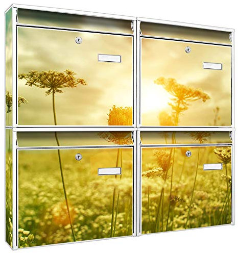 banjado Briefkastenanlage 4 Fach - Postkästen groß - verzinkter Stahl weiß DIN A4 Motiv Dill Feld Sonne - Briefkasten Set 4 Briefkästen Namensschild, 2 Schlüssel, Montagematerial