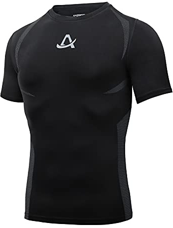 AMZSPORT Kompressionströja för män, kortärmad sportskjorta, snabbtorkande löpartröja, funktionströja, 112018-svart, XXL