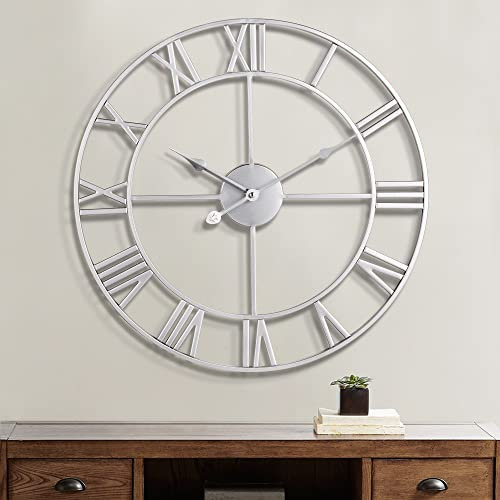 Maxstar Moderne römische Ziffern große Wanduhren,Vintage,Leichtes Tickende Runde Metall stille Wanduhr für Wohnzimmer,Küche,Schlafzimmer,Garten Dekor-Silber 60cm