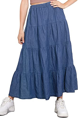 Van Der Rich ® - Gonna Lunga di Jeans con Vita Elastica - Donna (Blu Medio, S-M)