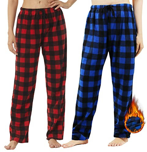 YUSHOW1-2-pack pyjamasbyxor dam långa fleece rutiga pyjamasbyxor vinter mjuka nattkläder pyjamasbyxor mjuka fritidsbyxor julpyjamas med dragsko, Röd pläd + blå pläd (2-pack), L