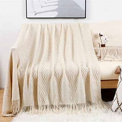 Hayisugal Sofadecke Wohndecke Boho Decke Weich Strick Decke mit Quaste Kuscheldecke Sofadecke Couch Outdoor Decke Überwurfdecke, Beige, 150 x 200cm