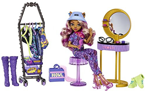 Monster High HKY70 - Spielset mit Puppe und Mode, Clawdeen Wolf Puppe und Zubehör, Boutique-Ankleidestudio mit mehr als 20 Zubehörteilen, Puppen Spielzeug für Kinder ab 4 Jahren