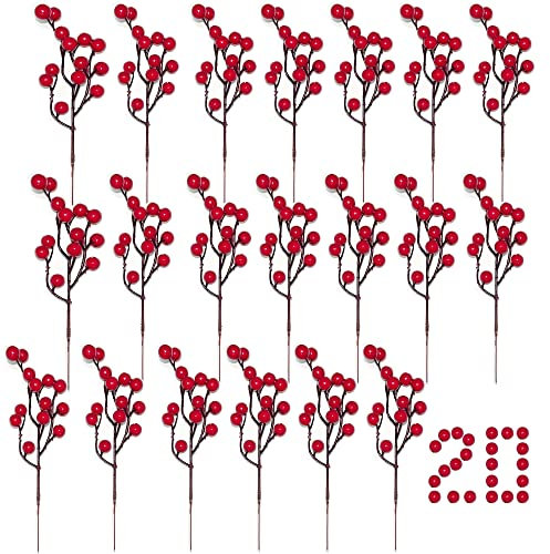 Künstliche Rote Beeren, 20 Stück Künstliche Stechpalmen Beeren, Deko Zweige mit Roten Beeren Herbstzweige, Holly Beeren Zweige für Weihnachtsbaum Handwerk Hochzeit Ferienzeit Winter Home Decoration