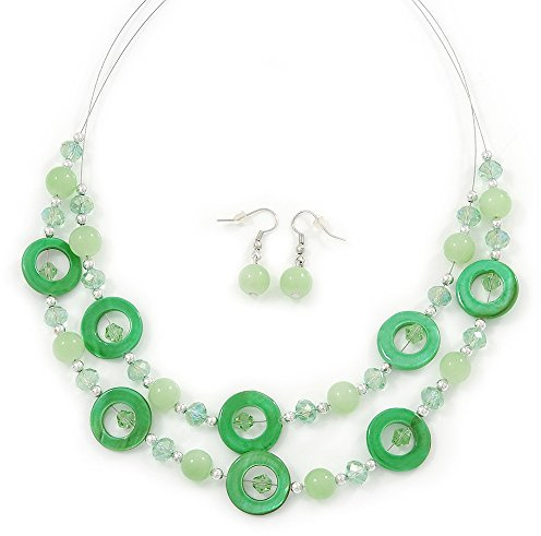 Avalaya Limegrönt skal & glas, kristall flytande pärlhalsband & droppörhänge set - 46 cm L/4 cm extra, glas snäckskal