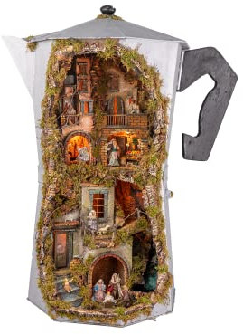 Holyhome Presepe Napoletano in Moka con Vero Fumo 100x60x50 cm (39,37x23,62x19,68 Inch) | Completa di 9 statuine cm 8 in terracotta vestita. Pezzi Unici Produzione Limitata