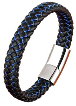 LIRU Herren Lederarmband,Herrenarmbänder Lederstreifen Geflochtenes Lederarmband Silveryr Modeaccessoires Verschluss Schwarz Blau Lederarmband Charm Schmuck Für Frauen Männer Geschenk 21Cm
