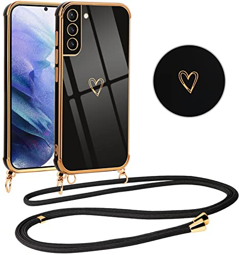 Vauki handyband für Samsung Galaxy S21 Plus 5G Hülle mit Band, Handyhülle mit Kette, Herz Motiv, Ultra Dünn Stoßfeste Aesthetic Case mit Kordel zum Umhängen für Samsung S21+ 6.7, Schwarz