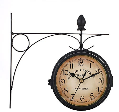 JAWSEU Orologio da Parete Stile retrò Vintage, Battuto retrò a Doppia Faccia Orologio da Giardino, Orologio da Stazione Vintage con Supporto per La Stazione Soggiorno Portico