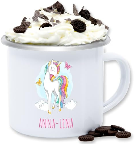 Emaille Tasse Blechtasse - Einhorn mit Name personalisiert Geschenk Unicorn I Einhörner Kinder Geschenk - 300 ml - Weiß Silber - personalisierte becher kindertasse unicorns personlisierte tassen