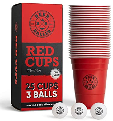 BeerBaller Party Becher Set - 25 Logo Red Cups & 3 Bälle | spülmaschinenfest & wiederverwendbar | 473ml - 16oz Partybecher | rote Party Cups | Original American Party Becher