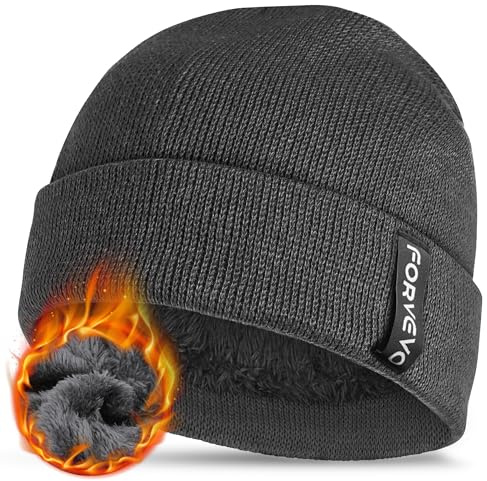 FORVEVO Mens Beanie Hat, Thermal Winter Beanie with Soft Fleece Lined, Stretchy Cuffed Hatfor Running Walking,Grey