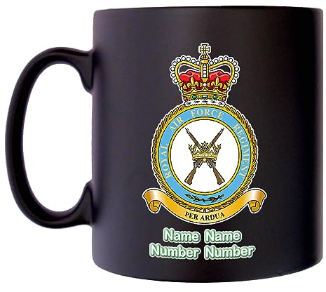 RAF Regiment Mug with Personalise Option Image of Military Emblem Flag Crest Insignia MOD Official Product Coffee Tea 10oz Black Satin Klassek Gift Present
