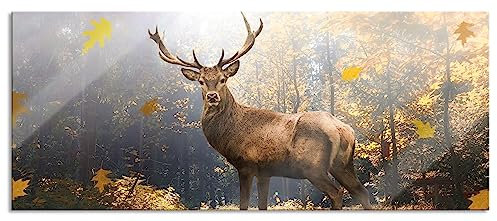 Pixxprint Glasbild Panorama, Wandbild aus Echtglas, Hirsch im Wald mit fallenden Blättern, 120x50 cm, inkl. Aufhängung und Abstandshalter