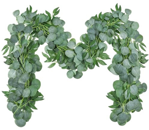 MOLENCO 2 Pcs Artificial Eucalyptus Garland with Willow Leaves, 6.5Ft Faux Eucalyptus Willow Leaves Hanging Greenery Vines Garland for Wedding Arch Party Table Wall Decoration