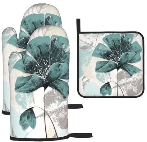 Art Teal Flower Leaves Printed Oven Mitts And Pot Holders Sets Oven Mitts Heat Resistant Oven Gloves For Cooking Baking Kitchen BBQ