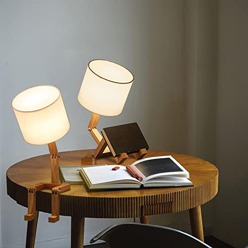 MUMENG Table Bedside Lamp Set of 2,Cute Kids Reading Lamp with Fabric Lampshade,Wooden Desk Lamp with Foldable Solid Body,Creative Robot Reading Nights Light for Bedroom,Living Room,Study,Office