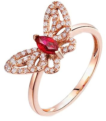 Goldring Damen 18K, Damenringe Hohler Schmetterling Labor Geschaffener Rubin 0.24ct Marquise Form Rot Eheringe Größe 47 (15.0) 750 Roségold