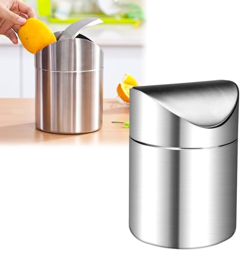 FAELNK Pattumiera da tavolo con coperchio, in acciaio inox, per cucina, camera da letto, scrivania, da toeletta, 12 x 16 cm