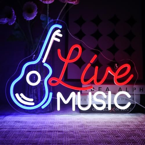OYCGZV Live Music Neon Skylt - Gitarr LED USB Vägg Skylt för Öl Bar, Rock Studio, Kontor, Garage, Sovrum, Fest, Butik - Present för Vänner