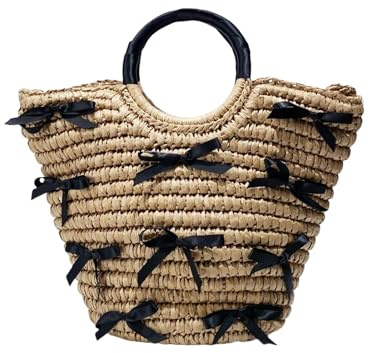 UTZERO Strohtasche Strandstrohsäcke Für Frauenhandtaschen Und Geldbörse In Papyrus Zum Gewebten Bugoberteil Kleine Schulter-Schwarz-Maximale Länge (30 Cm-50 cm)
