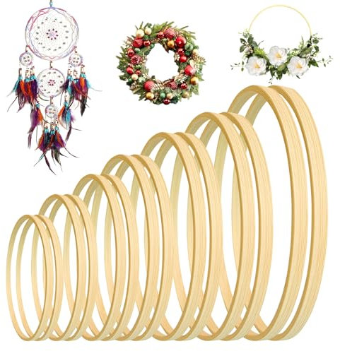 14Pcs Wooden Wreath Rings Set, Wooden Bamboo Floral Hoop, Christmas Bamboo Rings in 7 Sizes, Wedding Wreath Hoop, Dream Catcher Hoops for Craft DIY Garland Deco