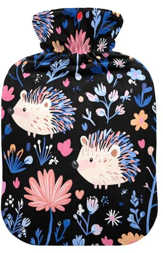 Wärmflaschen mit Blumenmotiv, Igel, mit weichem Bezug, Fußwärmer mit weichem Bezug, Wärmbeutel für heiße und kalte Kompresse, 2 Liter