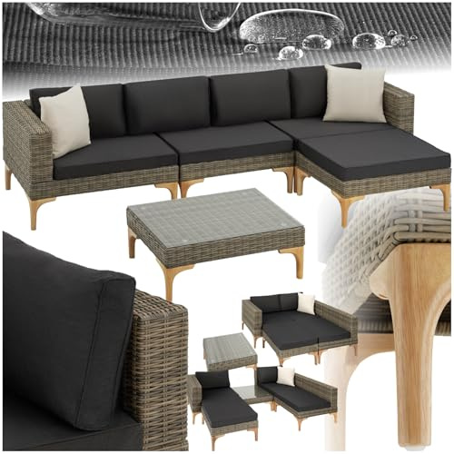 tectake® Aluminium Poly Rattan Lounge, Gartenmöbel Sofa Set mit Ecksessel, Sessel, Hocker und Tisch, Outdoor Gartenlounge mit Polstern und 2 Zierkissen, für Garten, Terrasse, Balkon - Natur