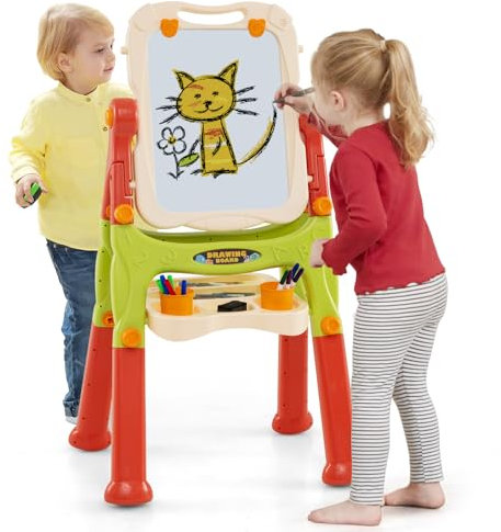 GOPLUS Staffelei mit Doppelseitiger Tafel, Drehbare & Magnetische Maltafel mit Füßen in 2 Verschiedenen Höhen, Kindertafel für Kinder über 3 Jahre, Farbwahl (Grün+Orange)
