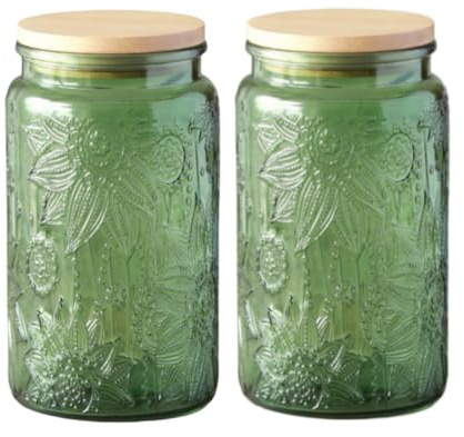 ANSQU Confezione da 2 barattoli in vetro verde, 963,9 g, barattoli per | Barattoli da cucina colorati vintage, barattoli da cucina per caffè, tè, zucchero, caramelle, biscotti, barattoli decorativi