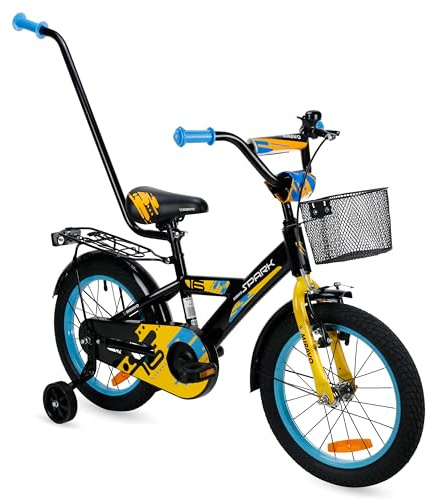 MIRAVO Kinderfahrrad 16 Zoll für Jungen von 4-6 Jahren mit Stützrädern und Schubstange - Leichtes Fahrrad für Kinder mit Korb - V-Brake Bremsen - Spark Schwarz Gelb