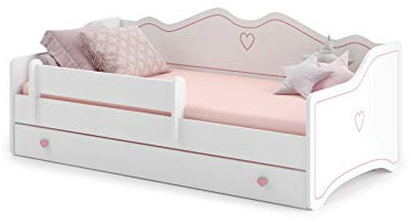 KOBI Lit d'enfant Emma Blanc | tiroir, Barre, Cadre de Matelas Inclus | Rose, Gris | pour Chambre d'enfant | lit de Fille (Rose, 160x80)