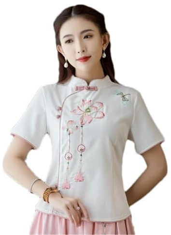 Ensemble de service à thé en coton et lin brodé Cheongsam à manches courtes pour femme Style chinois, Haut floral rose, XS