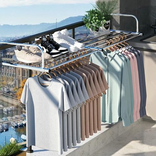 Stendibiancheria per ringhiera del Balcone, stendibiancheria Pieghevole con Bracci Regolabili, stendibiancheria Portatile Retrattile per ringhiere del Balcone e davanzali (24 Pollici, 42 Pollici)