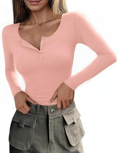 Totatuit Camiseta Manga Larga Mujer Cuello Henley Básica de Algodón Elástica de Punto Ligera Casual Elegante Ajustada Túnica Rosa，M