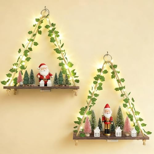Fixwal Set di 2 mensole galleggianti in edera artificiale, con strisce a LED, in macramè, decorazione da parete per piante, stile rustico bohémien, per camera da letto, soggiorno, bagno (marrone scuro