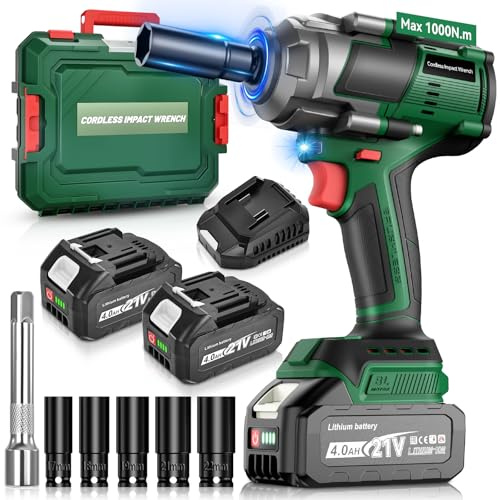 Yofuly 1000Nm Clé à Chocs Sans Fil pour Mak-kita 18V 21V Batteries, Boulonneuse à Choc avec 2x 4.0 Ah Batteries, 1/2 Visseuse à Chocs avec 5 Douilles à Chocs et Rallonge pour Voiture Maison