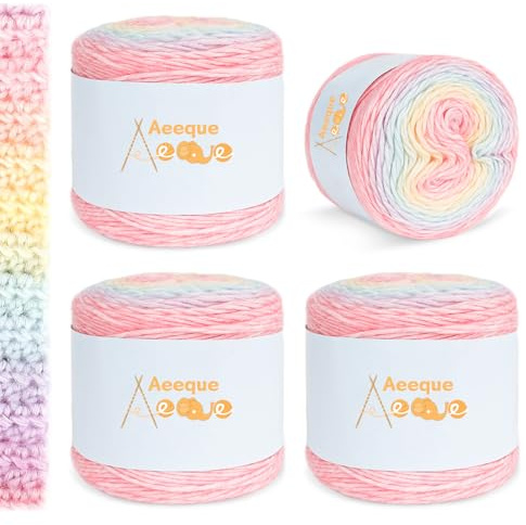 Aeeque Farbverlaufsgarn Baumwolle, 400g Gradient Wolle zum Stricken, 245m Superweiche Dicke Wolle zum Häkeln, Mehrfarbiges Farbverlaufswolle zum Stricken Schal, Mütze, Decke (Macaron Farbverlauf)