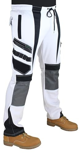 HASHOOB TRADING FZE Men's White Fleece Painter Work Trousers Decorators Carpenter with Knee Pad Pockets Multi Cargo Pocket (Nine-White, XXL)