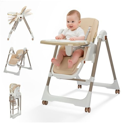 LEADZM Babyhochstuhl, Umbaubar in eine Wiege, 6-Fach Höhenverstellbar, Abnehmbares Doppeltablett, Faltbarer Hochstuhl Baby Mit Lenkrollen, Geeignet für Babys von 6 bis 36 Monaten (Beige)