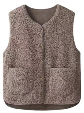 HUVZOR 1 Stück Damen-Shearling-Fleeceweste, warme, ärmellose Pelzweste für Herbst/Winter, Damen-Fleeceweste mit V-Ausschnitt und Knöpfen, khaki, Größe M
