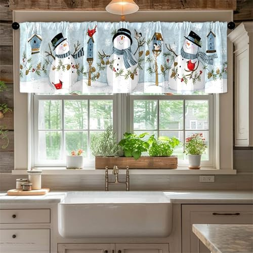 Odot Bistrogardine, Frohe Weihnachten Nicht Scheibengardine, Küchengardinen mit Stangendurchzug, Vorhänge Wohnzimmer, Moderne Gardinen Kurz für Küchen Esszimmer Badezimmer (Schneemann,55x145cm)