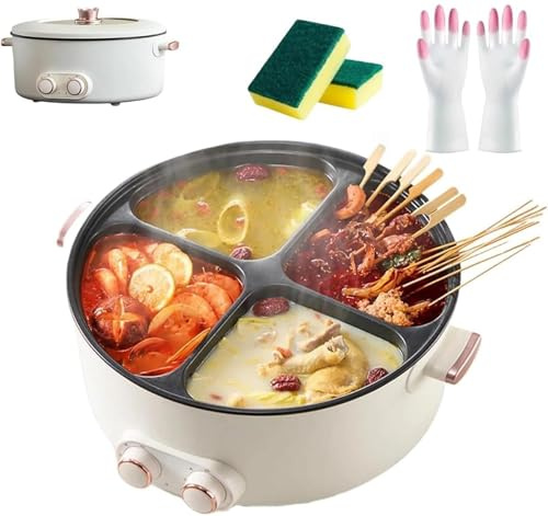 Faitout électrique, 6 L antiadhésif avec chauffage rapide et protection de sécurité, séparateur portable pour quatre saveurs