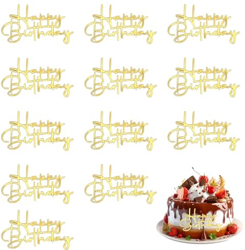12 Pcs Happy Birthday Cupcake Toppers, Gold Happy Birthday Cake Topper, Gold Acryli Personalised Birthday Cake Decorations for Party Dessert DIY Decor Accessories