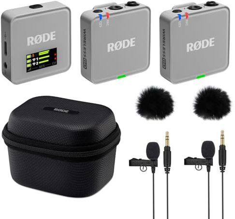 Rode Wireless GO Gen 3 - Sistema wireless per microfono a 2 canali, grigio pietra con custodia di ricarica + 2 microfono Lavalier GO e 2 paravento in pelliccia