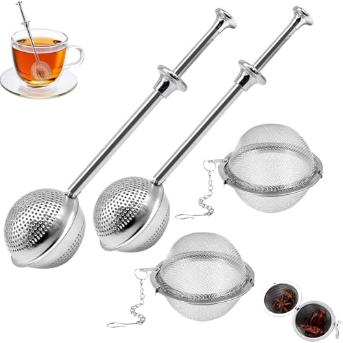 Tea Infuser for Loose Tea, Tea Strainer with Press Function, 2 Sieves and 2 Spice Balls Set, Compact Design for Easy Storage, 18 cm by 5 cm and 5 cm by 4.5 cm Dimensions